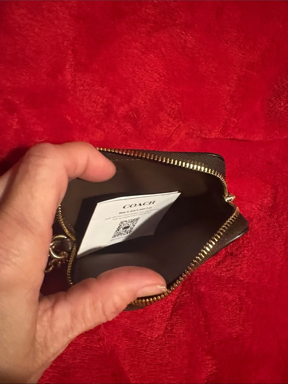 Coach Dark Brown Leather Mini Card Wallet with Gold Chain